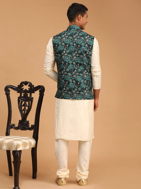 Men's Green Printed Nehru Jacket With Cream Solid Kurta & Pyjama Set